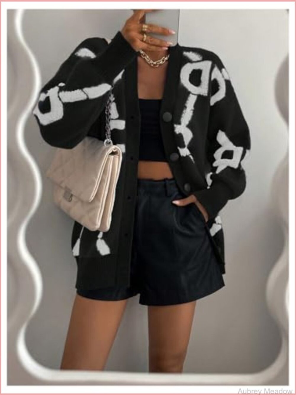 Button Up V Neck Lantern Sleeve Graphic Cardigan Loose Outerwear - Picture 5 of 5